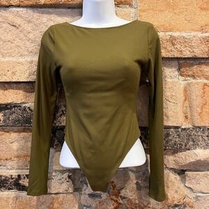Girlfriend Collective Ava Ribbed Long Sleeve Thong Bodysuit Olive Green Sz Small